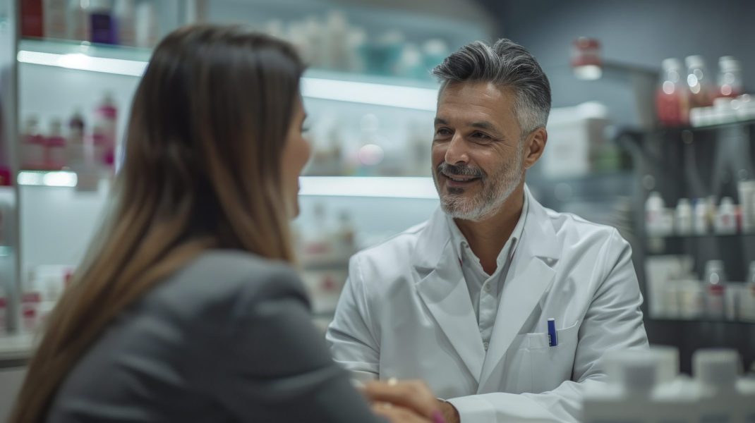 Photo of a pharmacist in a modern pharmacy, conducting a consultation with a patient at a sleek, contemporary counter. Captured from a side view, highlighting the modern design and professional interaction. --chaos 13 --ar 16:9 --stylize 300 Job ID: d543d77f-6323-4188-bbe3-80a1af2fba22